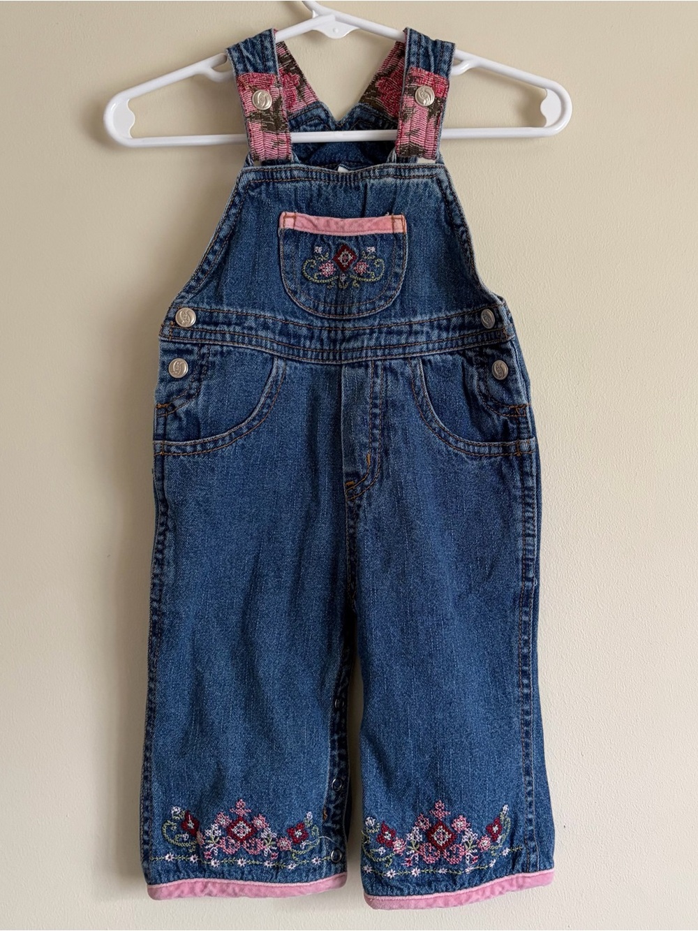 Faded Glory Baby Girl Denim Overalls w/ floral Cross-stitch & Embroidery details